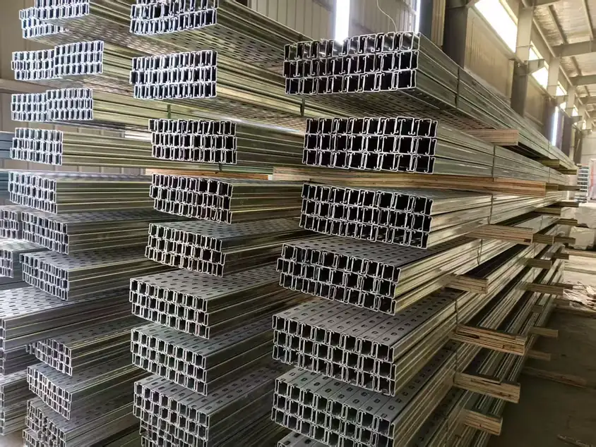 Galvanized cold storage cable tray sections in warehouse inventory
